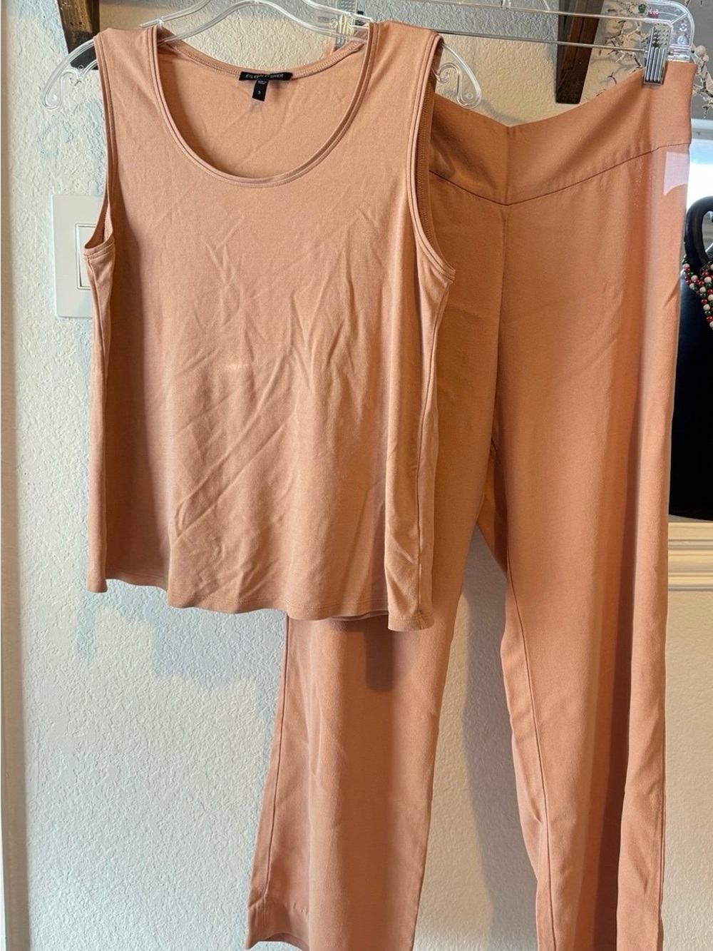 Eileen Fisher Peach-Tone 100% Silk Sleeveless Top and Wide-leg Pants Set